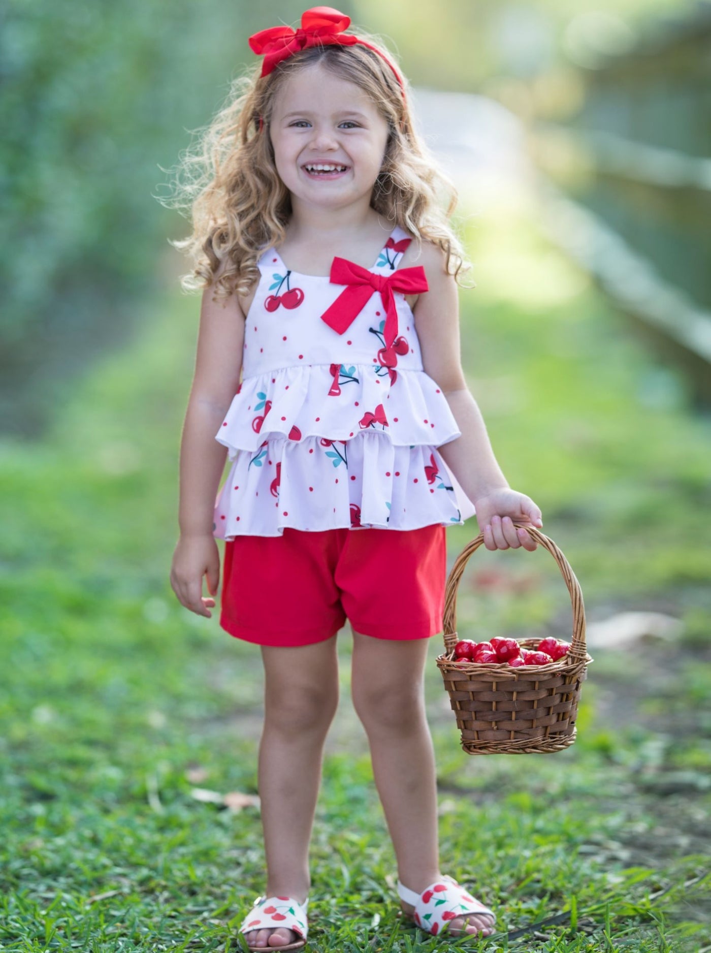 Girls Cherry Ruffled Top With Cute Stretchy Shorts - Red / 2T - Girls Spring Casual Set