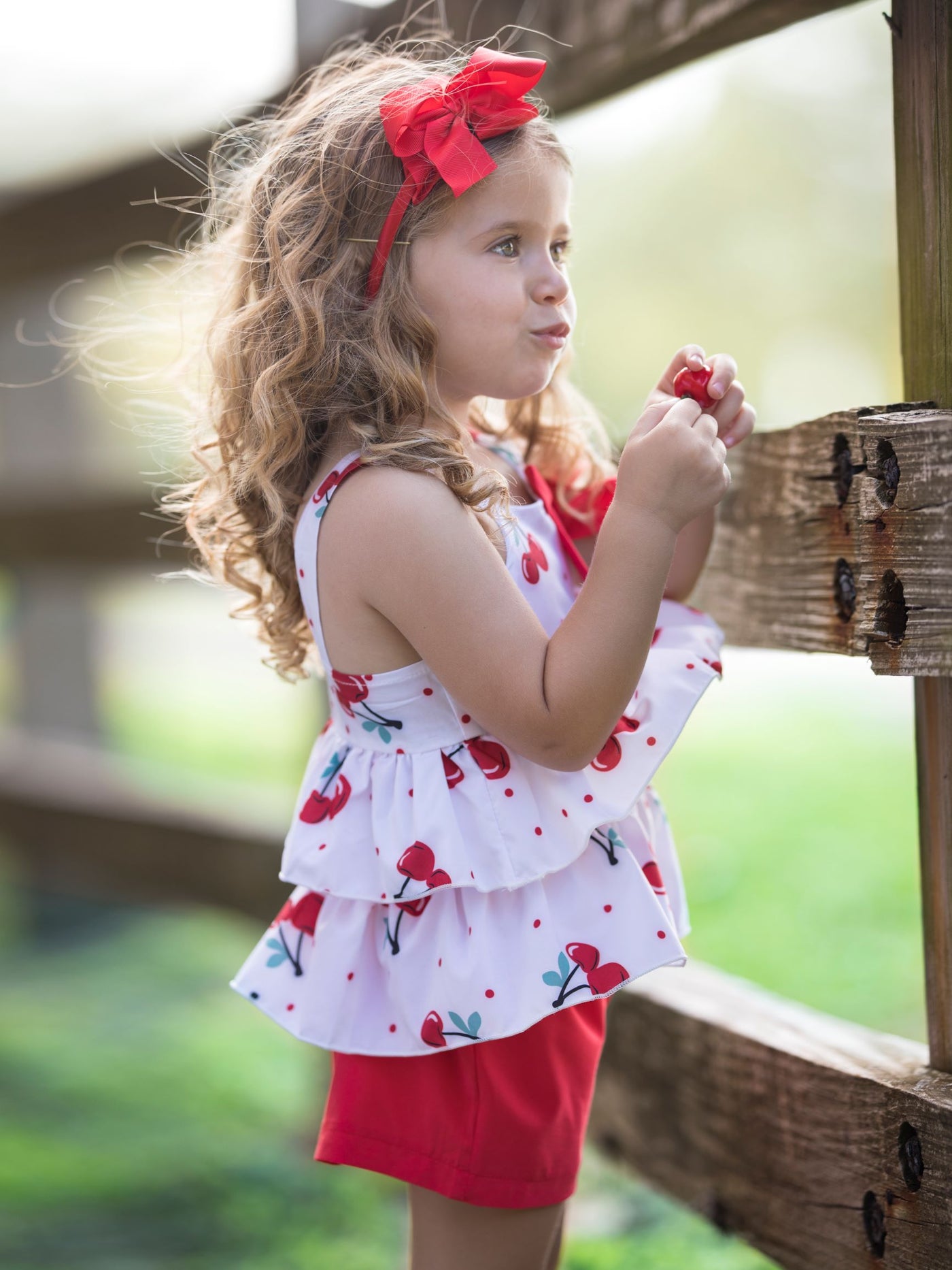 Girls Cherry Ruffled Top With Cute Stretchy Shorts - Red / 2T - Girls Spring Casual Set