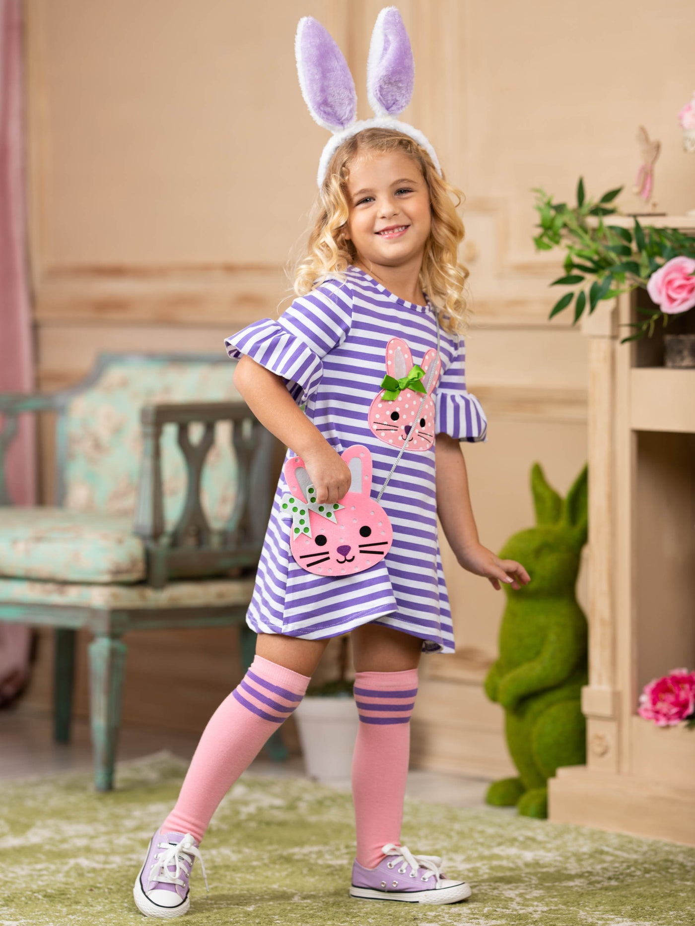 Girls Striped Bunny Applique Ruffled Sleeve Pocket Dress Socks and Purse Set - Purple / 2T - Girls Spring Casual Dress