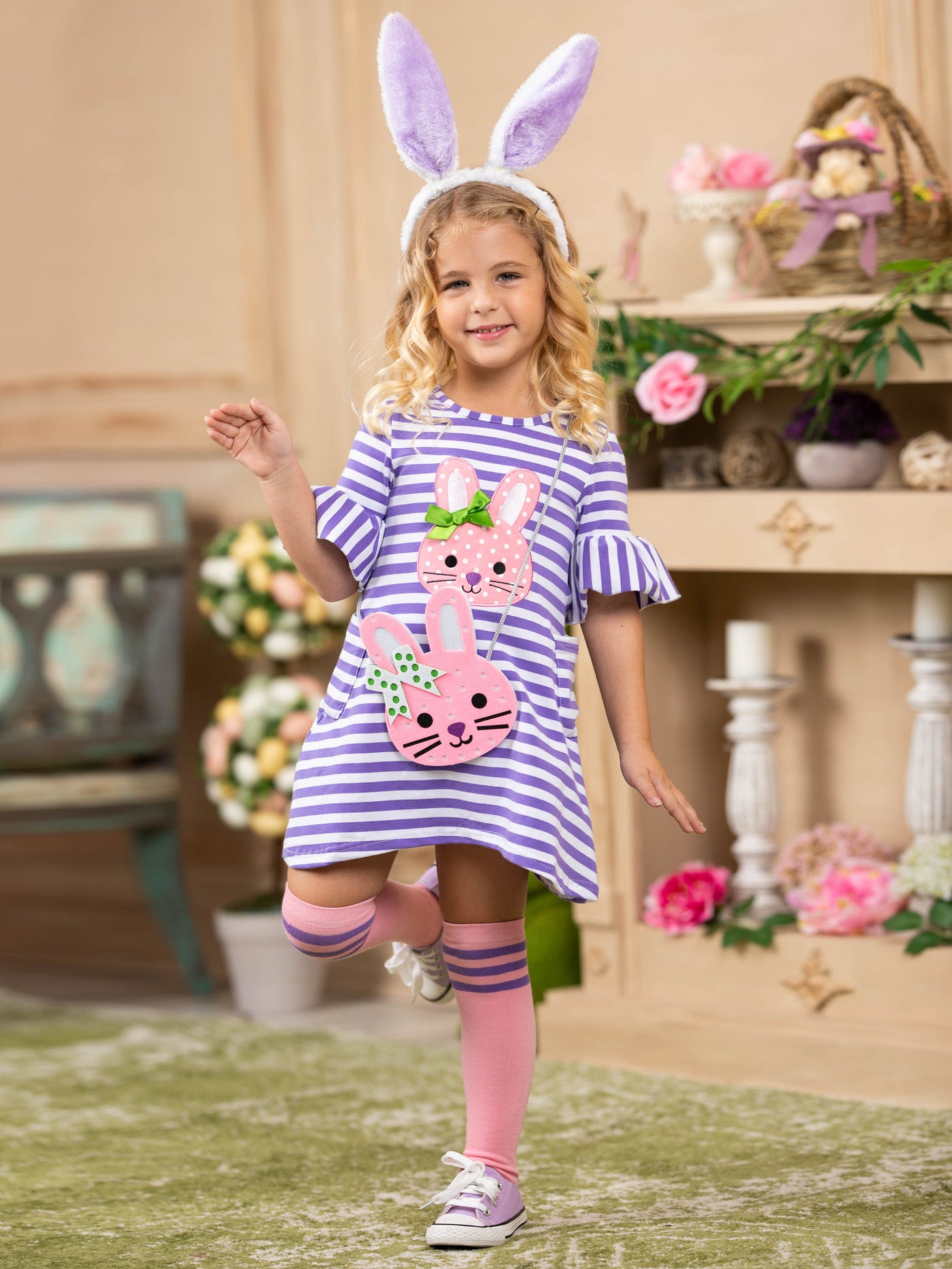 Girls Striped Bunny Applique Ruffled Sleeve Pocket Dress Socks and Purse Set - Purple / 2T - Girls Spring Casual Dress