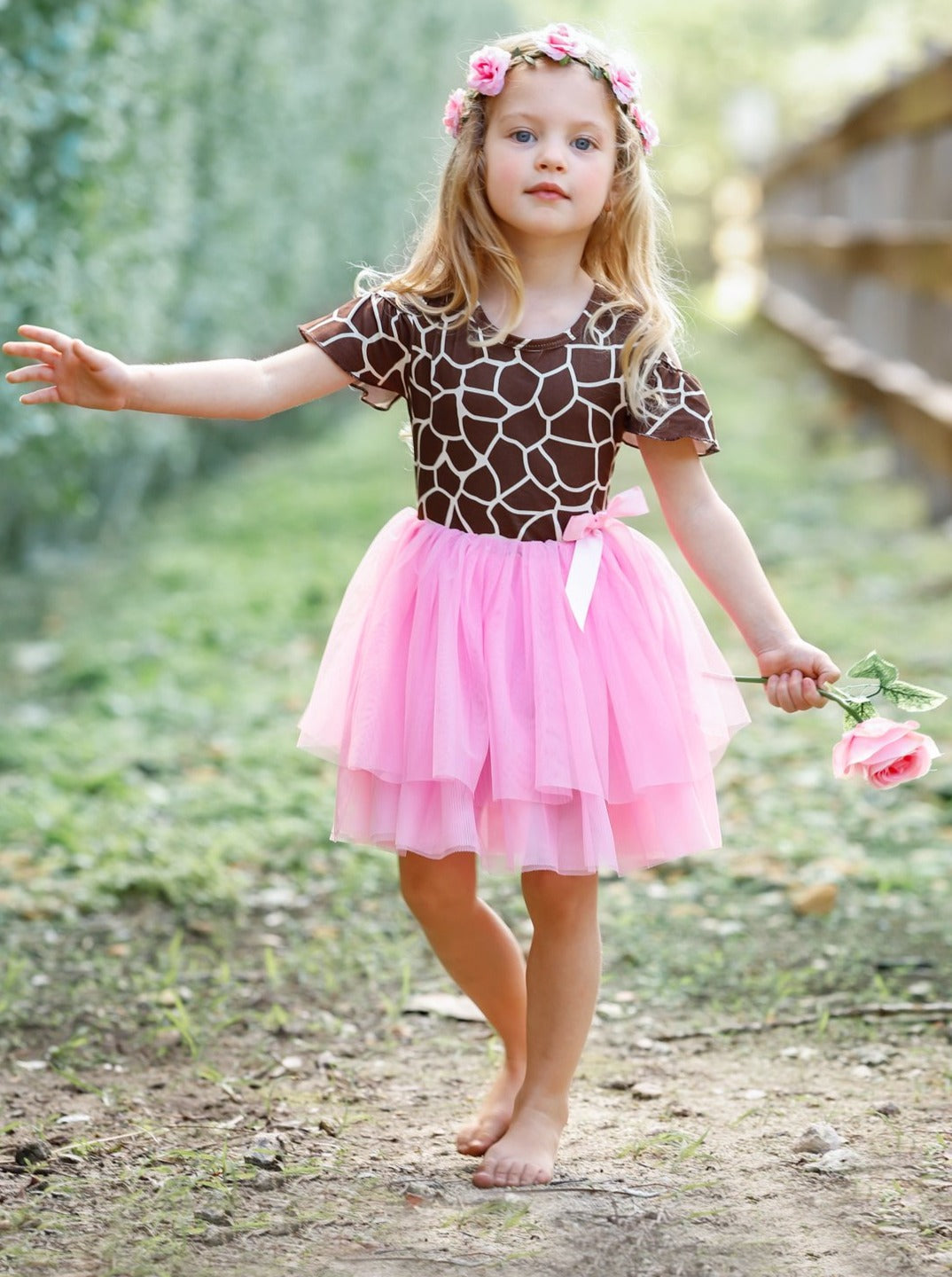 Girls Giraffe Print Cold Shoulder Tutu Dress - Pink / 2T - Girls Spring Casual Dress