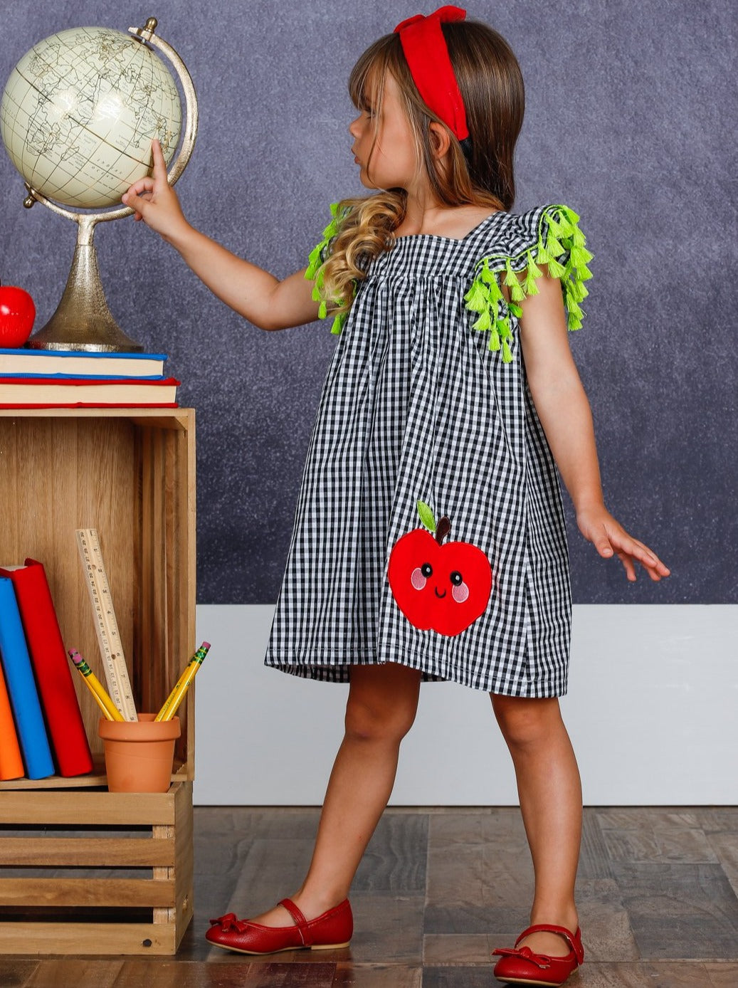 Girls Plaid Smiley Apple Tassel Dress