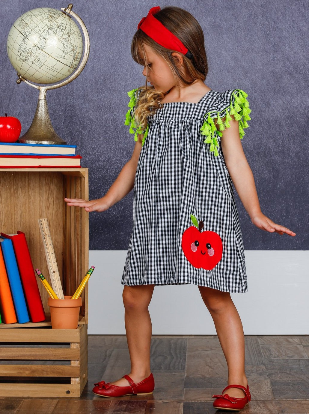 Girls Plaid Smiley Apple Tassel Dress