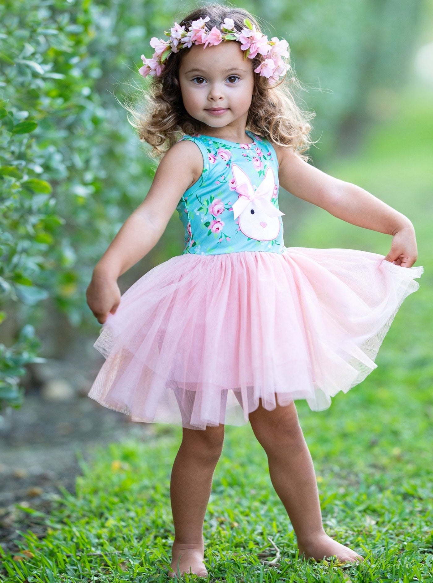 Girls Fantastically Floral Bunny Sleeveless Tutu Dress - Spring Outfit For 2T/8Y Toddlers and Girls