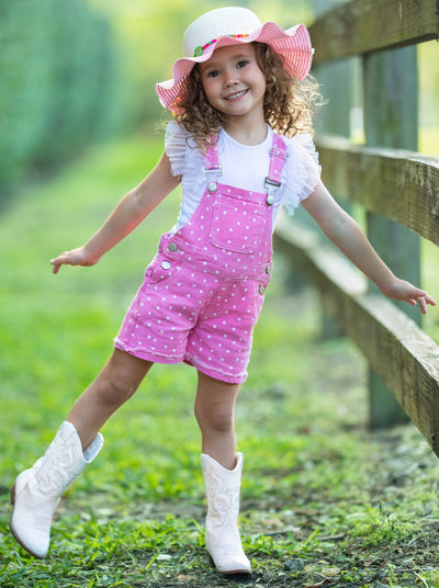 Cute Spring Toddler Outfit | Girls Polka Dot Cuffed Denim Overalls