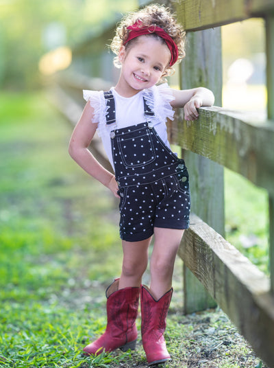 Cute Spring Toddler Outfit | Girls Polka Dot Cuffed Denim Overalls