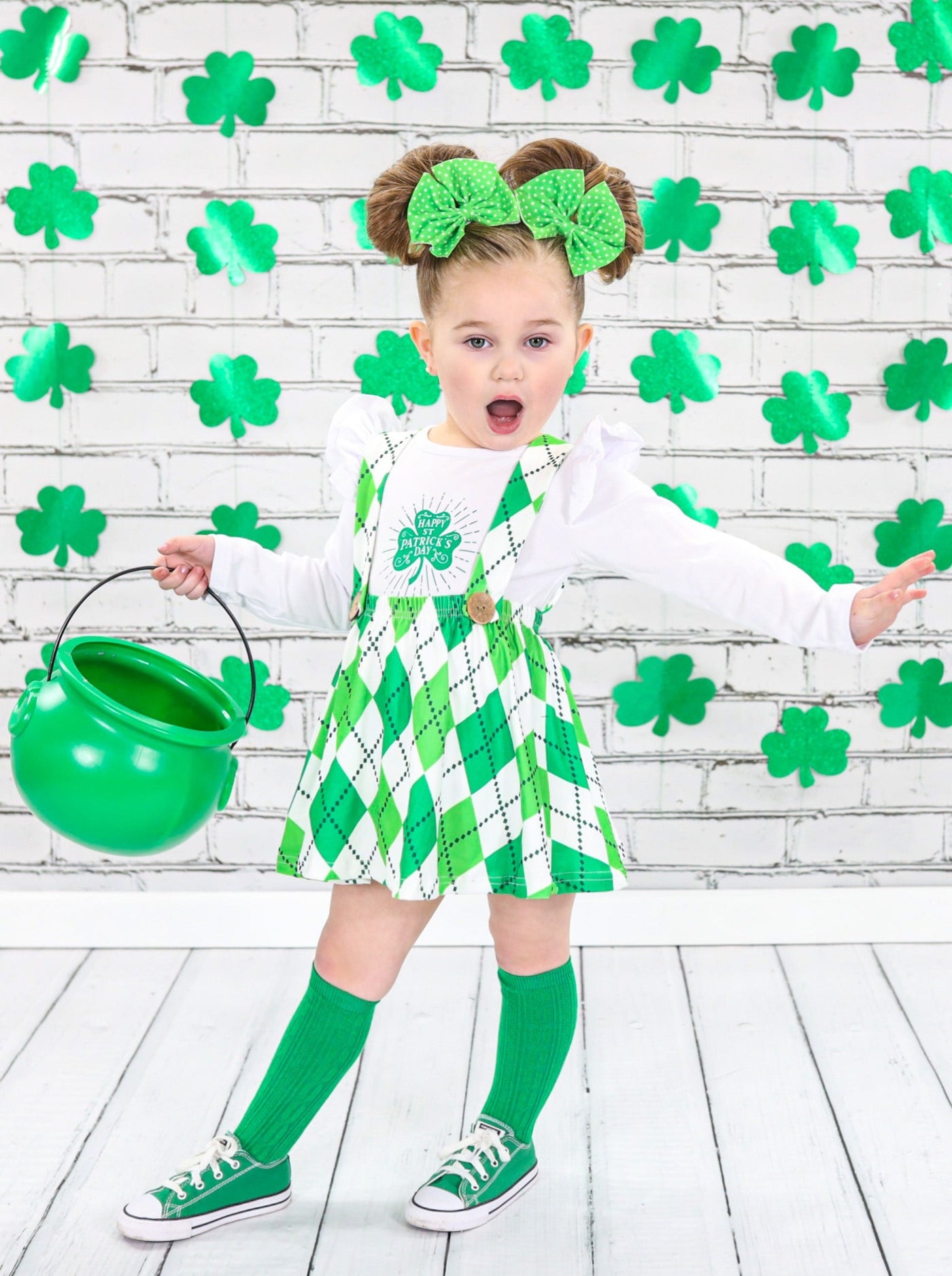 Girls "Happy St. Patrick's Day" Clover Top and Argyle Overall Skirt Set
