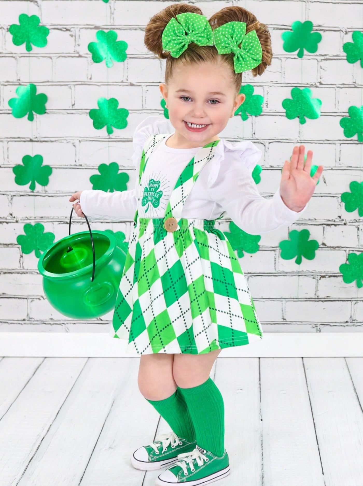 Girls "Happy St. Patrick's Day" Clover Top and Argyle Overall Skirt Set