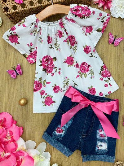 Floral Mood Tunic & Ripped Denim Shorts Set- pink / 2T - Girls Spring Casual Set