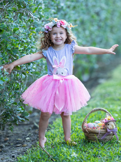 Girls Bunny Applique Flutter Sleeve Top and Sequin Bow Tutu Skirt Set - Pink / 2T - Girls Easter Set