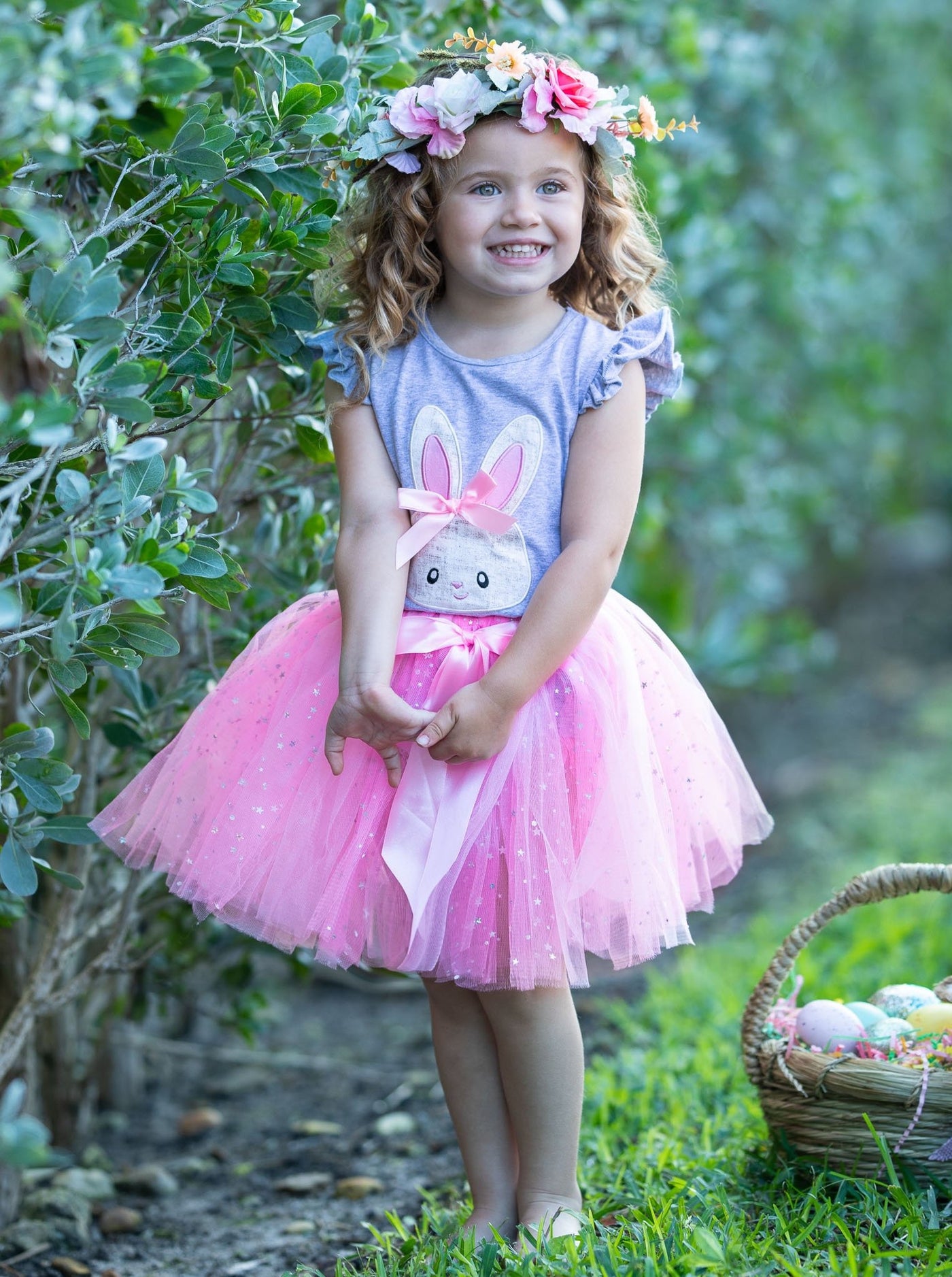 Girls Bunny Applique Flutter Sleeve Top and Sequin Bow Tutu Skirt Set - Pink / 2T - Girls Easter Set