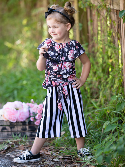 Girls Floral Ruffled Top and Striped Sashed Palazzo Pants Set - Girls Spring Casual Set
