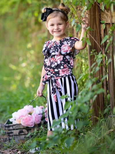 Girls Floral Ruffled Top and Striped Sashed Palazzo Pants Set - Girls Spring Casual Set
