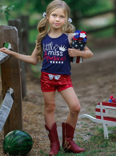 Girls Set features "Little Miss America" graphic racerback tank with a bow on the back and sequin shorts with a center bow