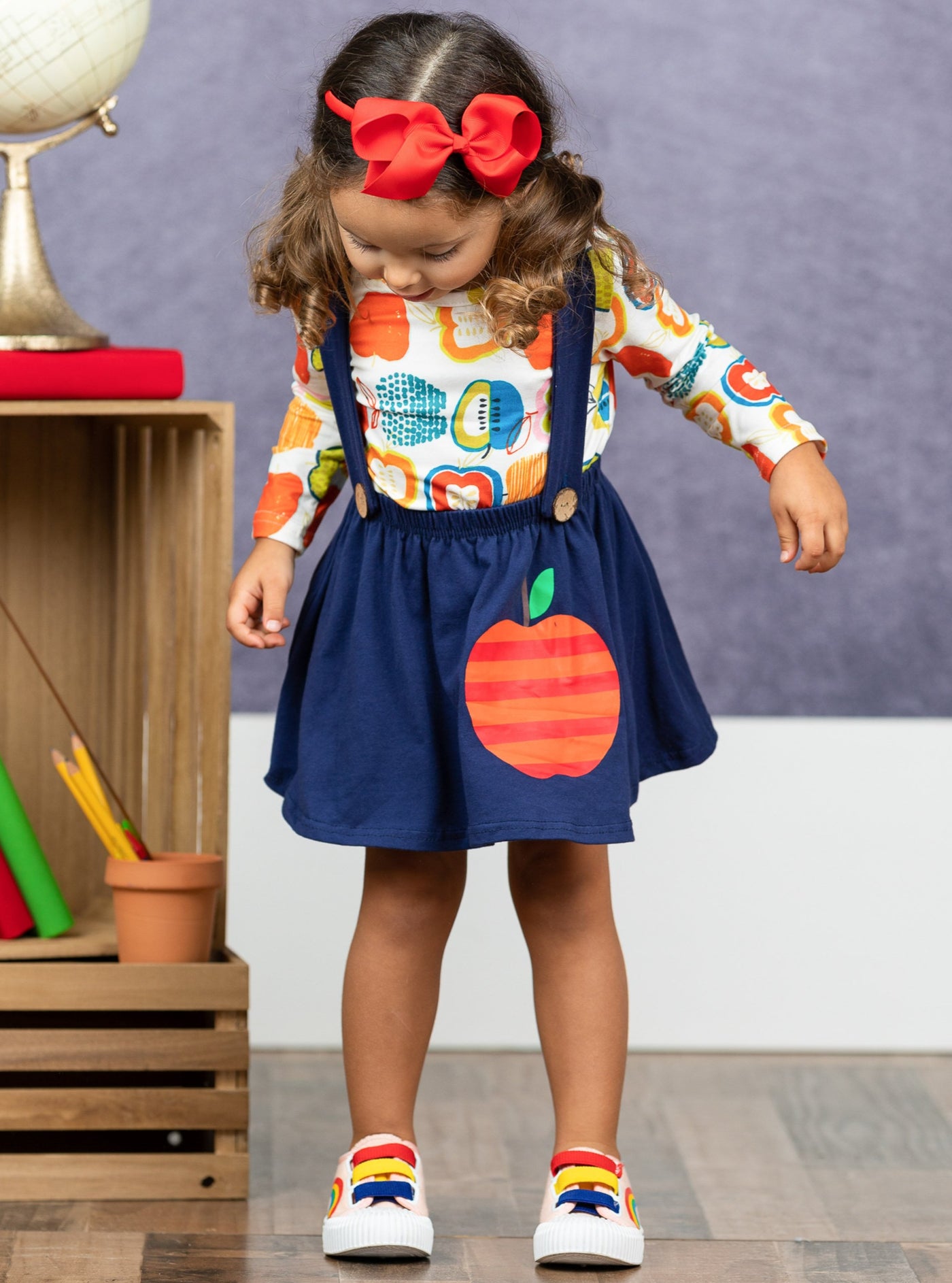 First Day of School | Apple Top & Overall Skirt Set | Mia Belle Girls