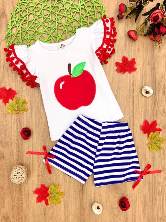 Little girls back to school apple applique top with tiered ruffle pom-pom sleeve and striped shorts with bow accents - Mia Belle Girls