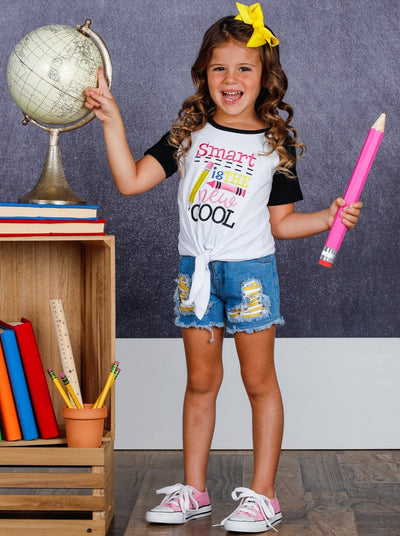 Little girls back to school "Smart Is The New Cool" raglan sleeve knot hem top and patched denim shorts - Mia Belle Girls