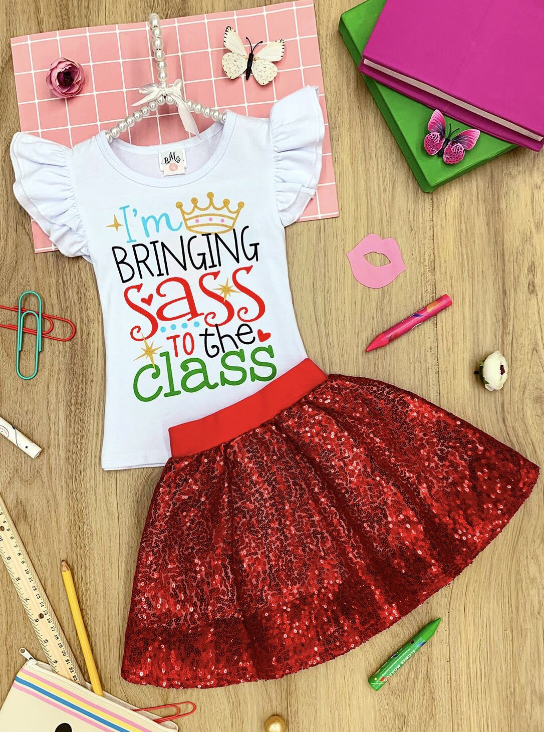 Girls "Bringing Sass to the Class" Flutter Sleeve Top And Sequin Skirt Set