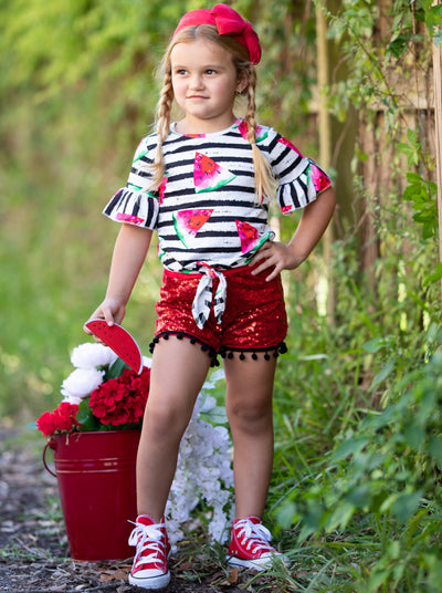 Spring Outfits | Girls Watermelon Striped Top & Sequin Shorts Set