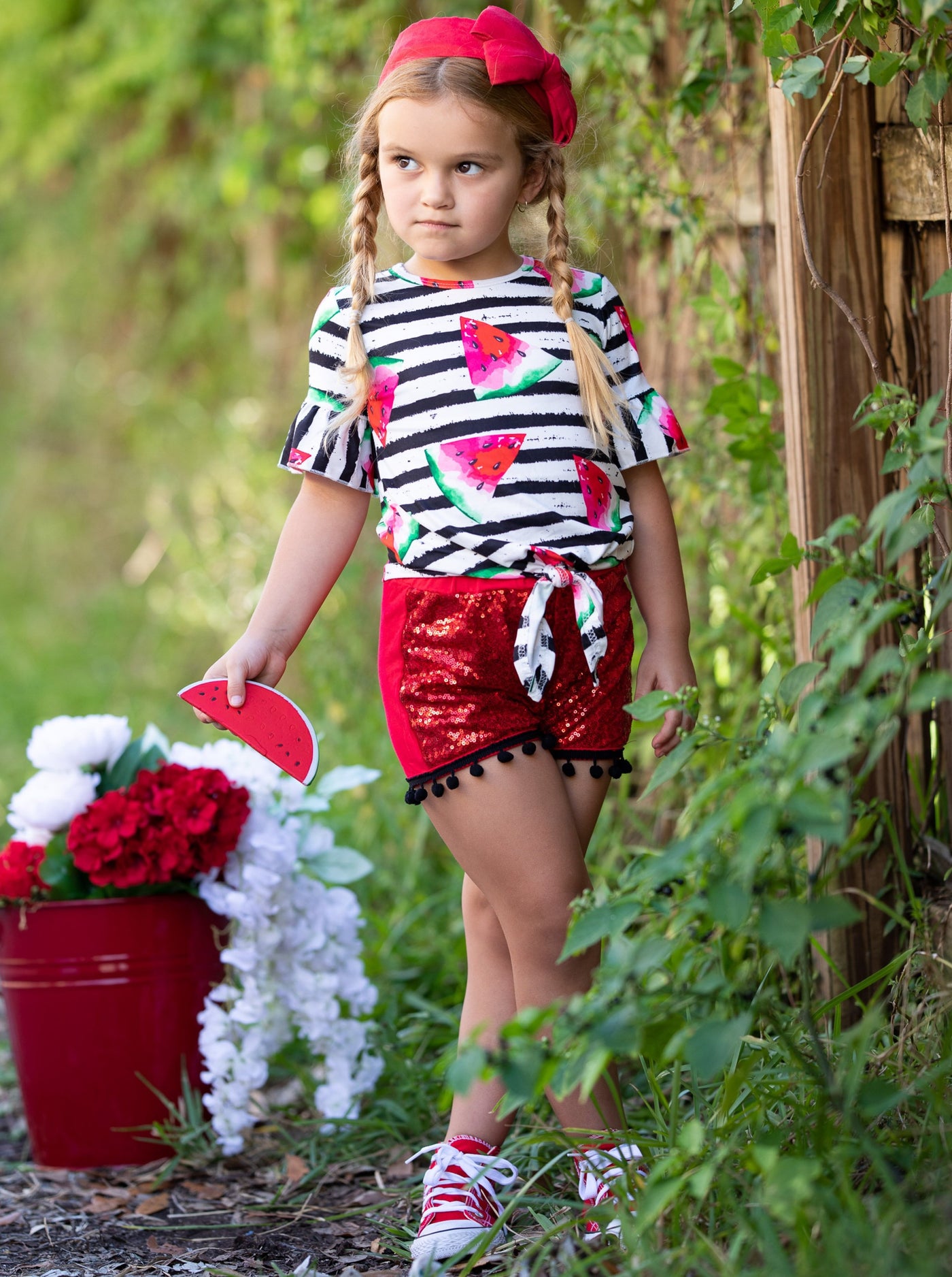 Spring Outfits | Girls Watermelon Striped Top & Sequin Shorts Set