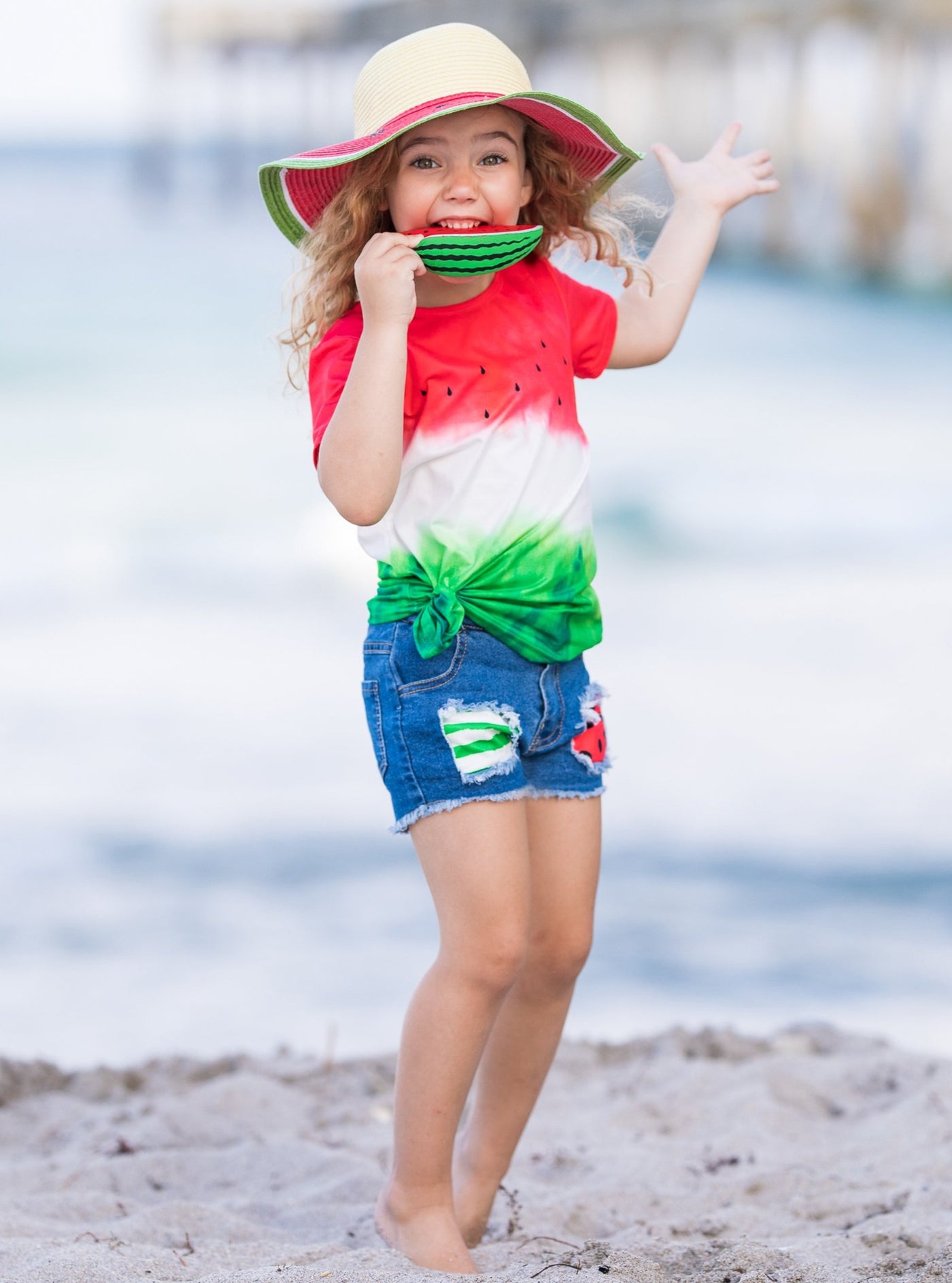 Girls Spring Outfits | Watermelon Top & Patched Denim Shorts Set