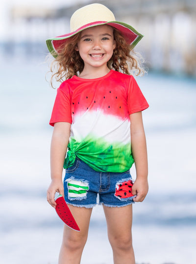 Girls Spring Outfits | Watermelon Top & Patched Denim Shorts Set