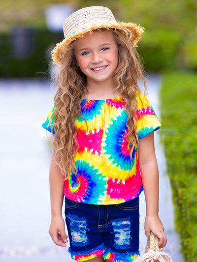 Toddler Spring Outfits | Girls Rainbow Tie Dye Top & Denim Shorts Set