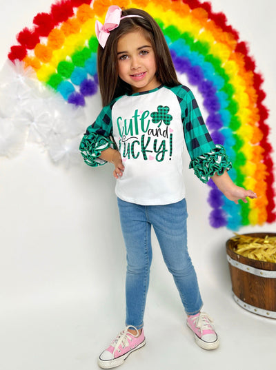 St. Patrick's Day Clothes | Girls Clover Plaid Raglan Ruffle Cuff Top