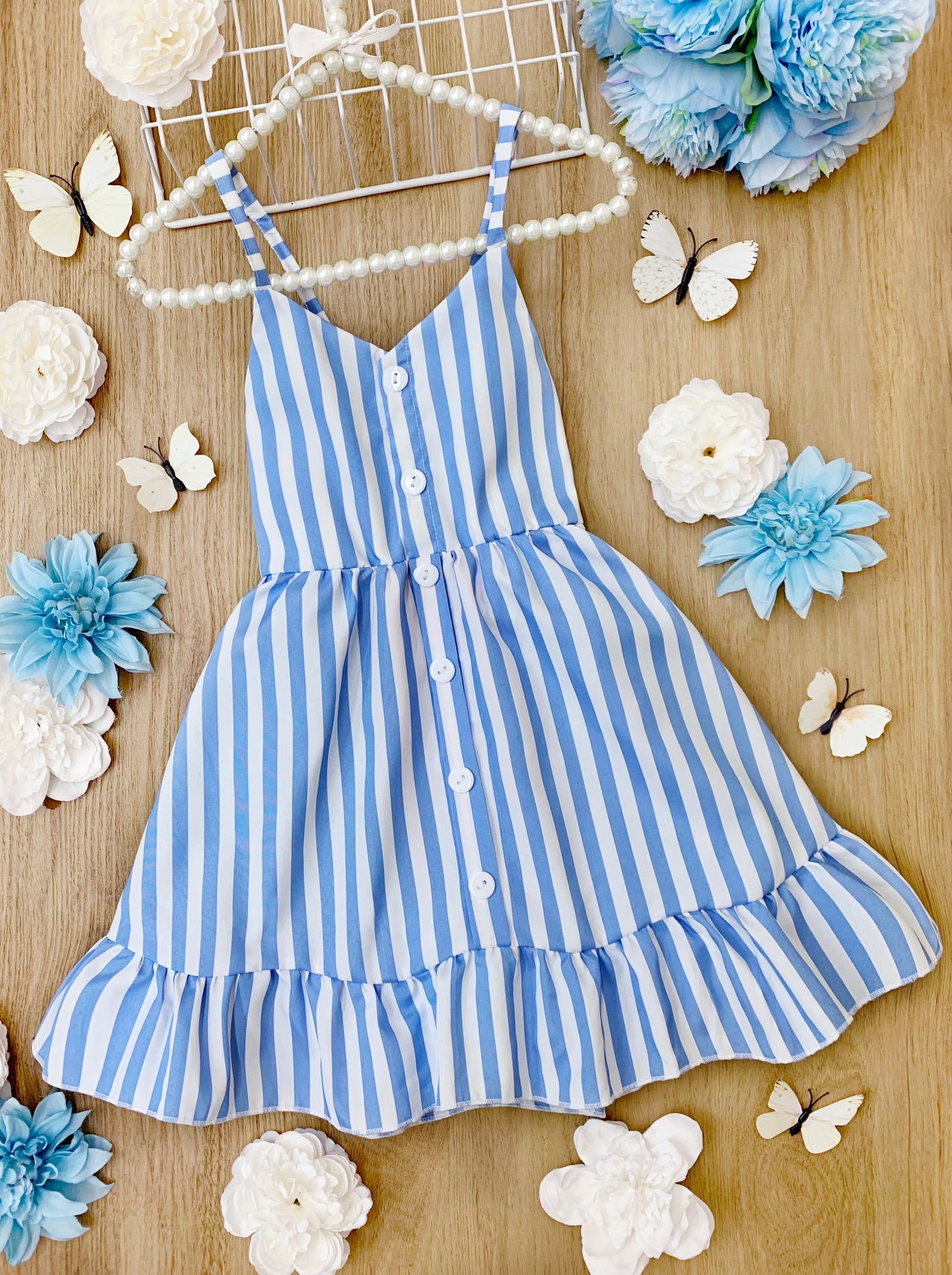 Toddler Spring Dresses | Girls Blue Stripe Sleeveless Ruffle Hem Dress