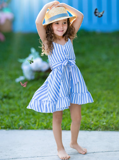 Toddler Spring Dresses | Girls Blue Stripe Sleeveless Ruffle Hem Dress