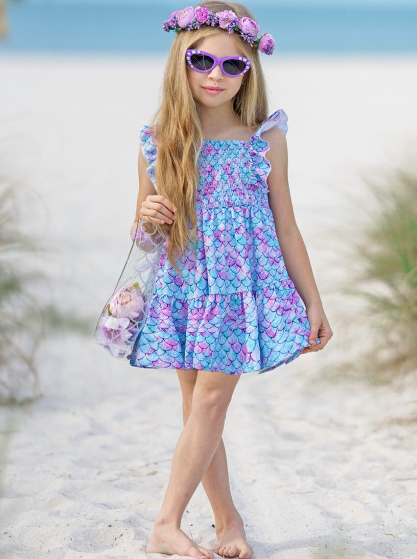 Toddler Spring Dresses | Girls Mermaid Scale Smocked Ruffle Sundress