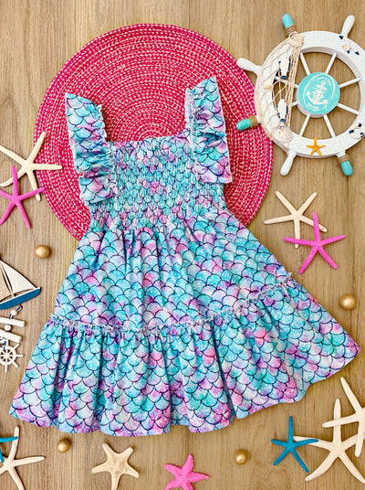 Toddler Spring Dresses | Girls Mermaid Scale Smocked Ruffle Sundress