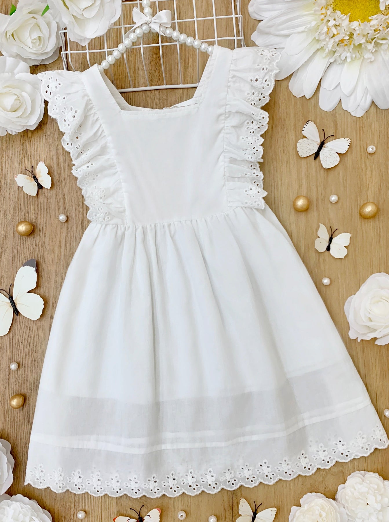 Girls White Eyelet Angel Ruffled Embroidered Dress - Mia Belle Girls