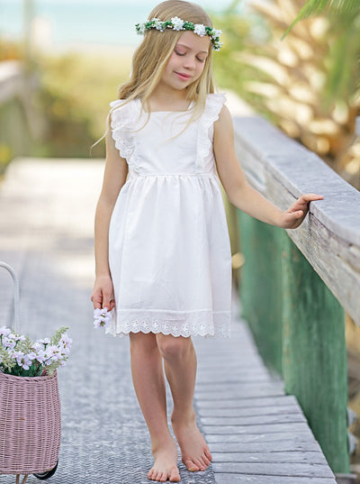 Girls White Eyelet Angel Ruffled Embroidered Dress - Mia Belle Girls