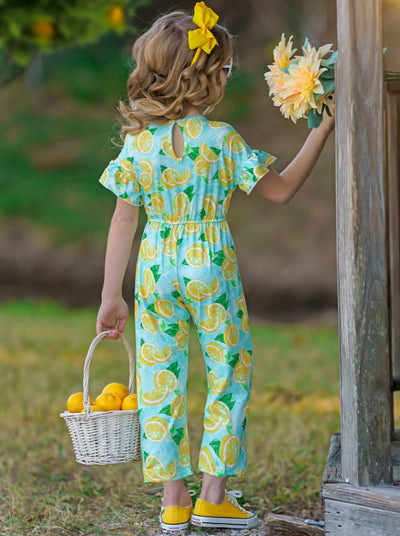 Cute Toddler Outfit | Little Girls Spring Lemon Ruffle Sleeve Jumpsuit