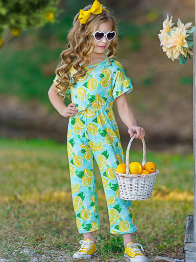 Cute Toddler Outfit | Little Girls Spring Lemon Ruffle Sleeve Jumpsuit