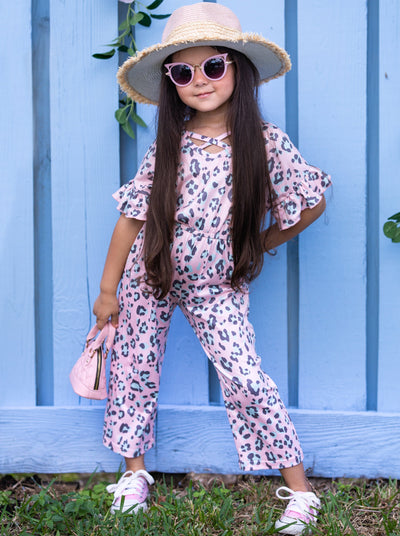 Cute Toddler Outfit | Girls Pink Leopard Print Ruffle Sleeve Jumpsuit
