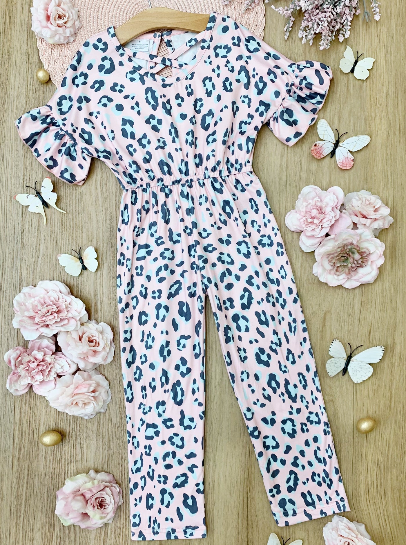 Cute Toddler Outfit | Girls Pink Leopard Print Ruffle Sleeve Jumpsuit
