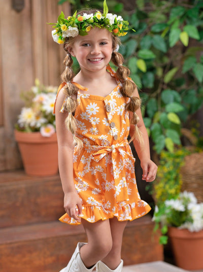Cute Toddler Outfit | Little Girls Spring Floral Belted Ruffle Romper