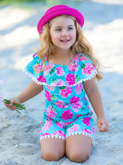 Toddler Spring Clothes | Little Girls Spring Rose Pom Pom Hem Romper