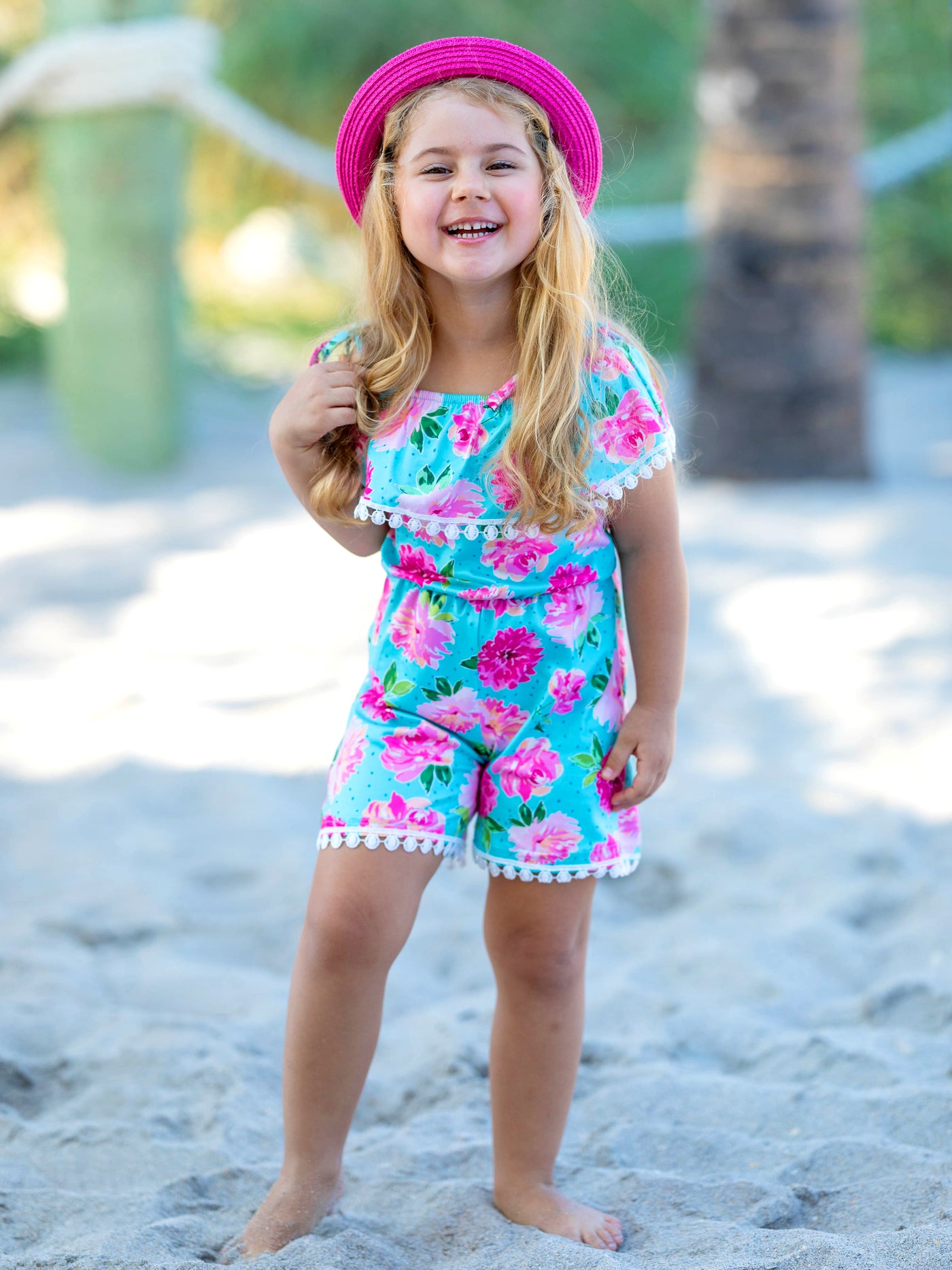 Toddler Spring Clothes | Little Girls Spring Rose Pom Pom Hem Romper