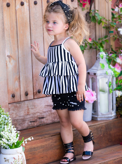 Kids Spring Clothes | Girls Stripe Ruffle Top & Pearl Denim Shorts Set