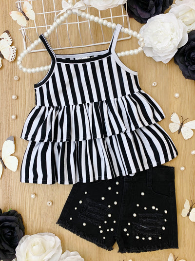 Kids Spring Clothes | Girls Stripe Ruffle Top & Pearl Denim Shorts Set