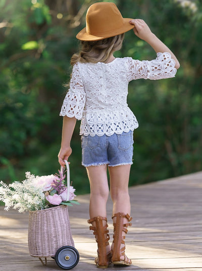 Toddler Spring Outfits | Girls Eyelet Top & Ripped Denim Shorts Set