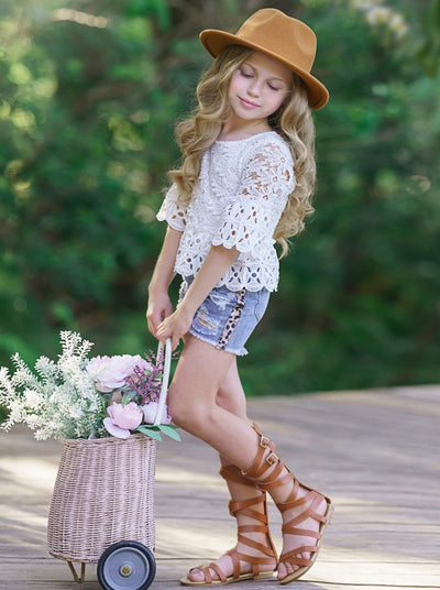 Toddler Spring Outfits | Girls Eyelet Top & Ripped Denim Shorts Set