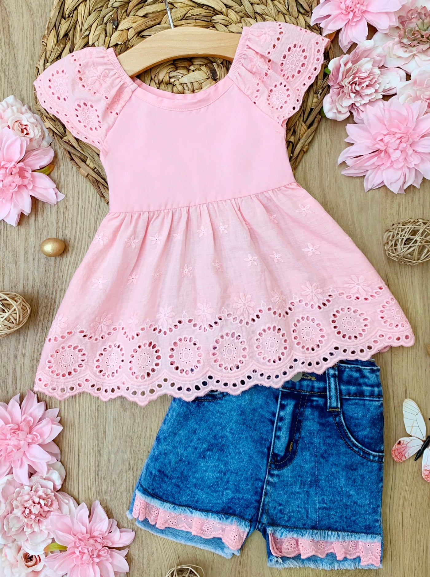 Girls Spring Outfits | Toddler Eyelet Ruffle Top & Denim Shorts Set