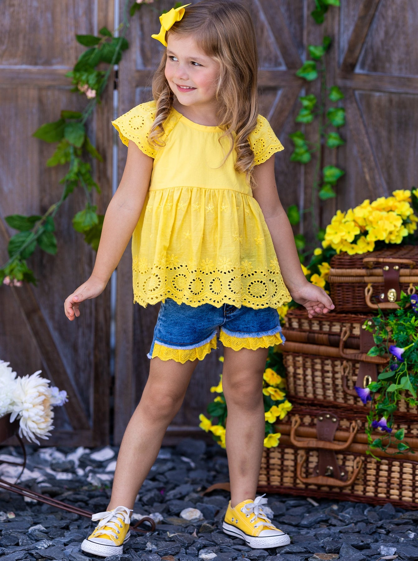 Girls Spring Outfits | Yellow Eyelet Ruffle Top & Denim Shorts Set ...