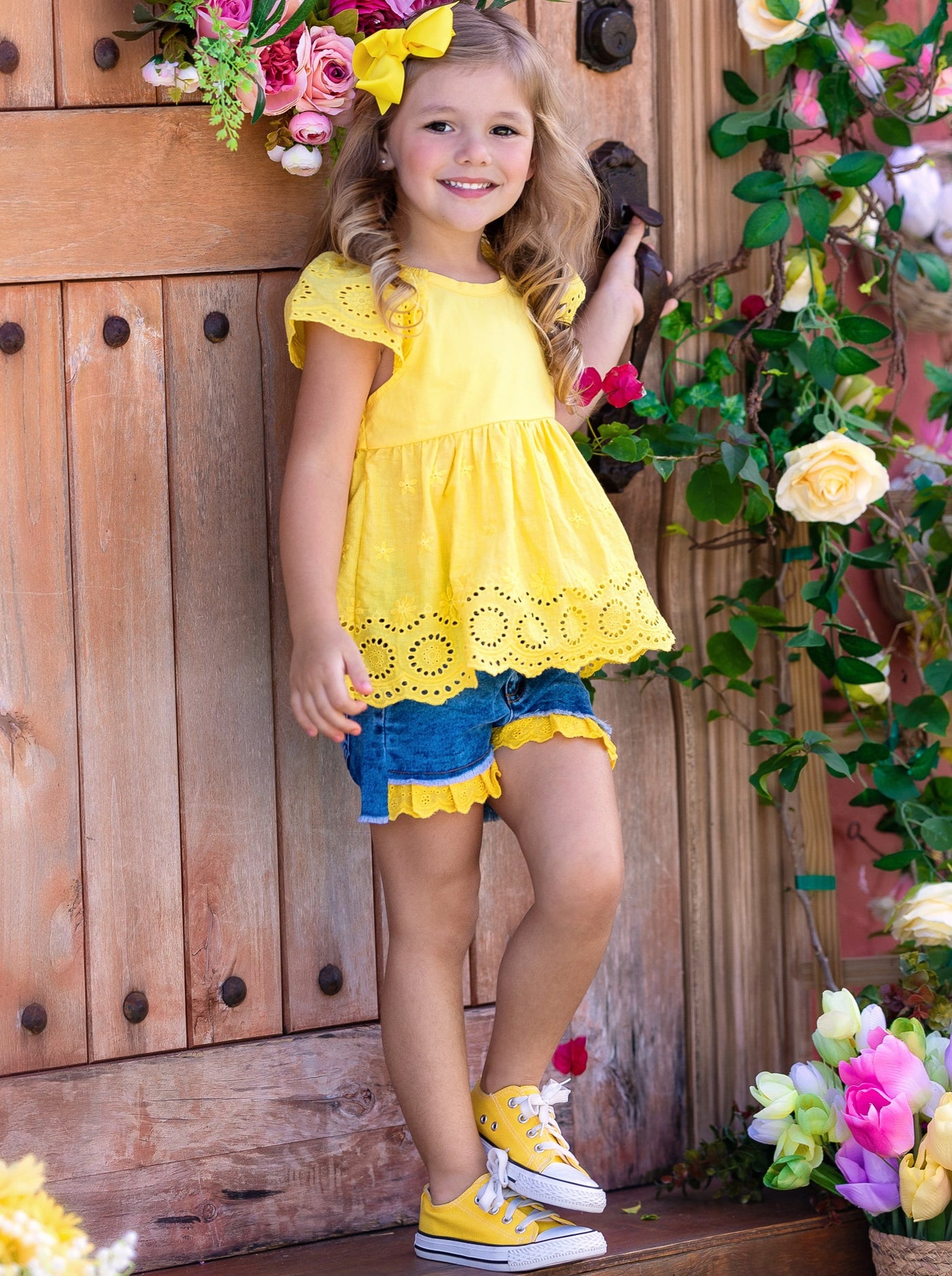 Girls Spring Outfits | Yellow Eyelet Ruffle Top & Denim Shorts Set