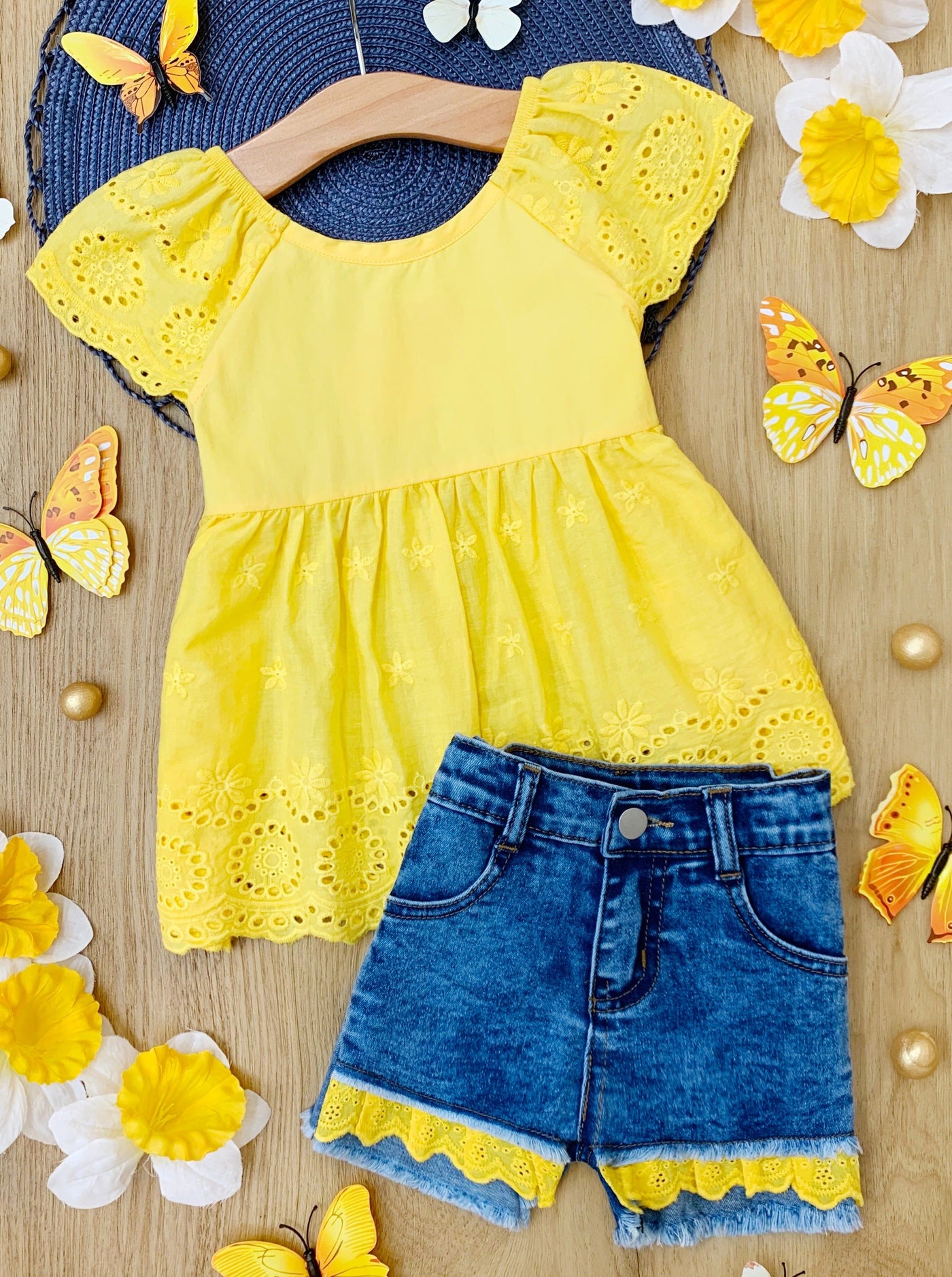 Girls Spring Outfits | Yellow Eyelet Ruffle Top & Denim Shorts Set