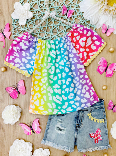 Girls Spring Outfits | Rainbow Leopard Top & Patched Denim Shorts Set